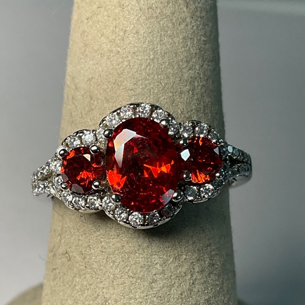 Ring Sterling Silver Red Cubic Zirconia Three Stone Halo Statement New 8